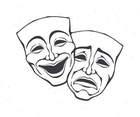 Two theatrical comedy and drama mask. Outline. Bipolar disorder symbol. Positive and negative emotion. Film and theatre industry. Vector illustration. Hand drawn sketch. Isolated white background
