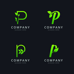 Initial P logo with leaf elements in green color
