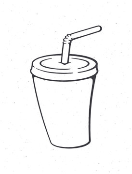 recommend clip art: Disposable paper cup with soda and straw. Outline. Cartoon glass with carbonated cold drink. Film industry and fast food symbol. Vector illustration. Hand drawn sketch. Isolated white background