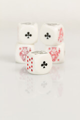 Full House, Aces and Kings Playing Casino poker dice closeup Isolated on white background with reflection. Abstract Pattern