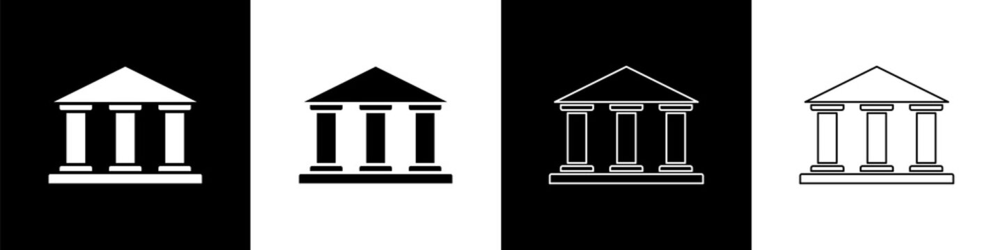 Set Museum building icon isolated on black and white background. Vector Illustration.