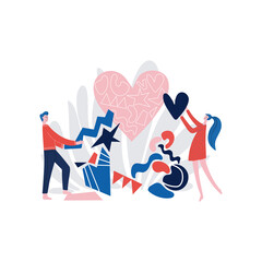 man and women collecting pieces of geometric shapes in a heart