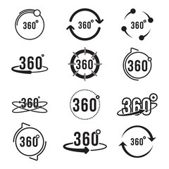 Different 360 degree rotating circle signs flat icon set. Full panoramic or perspective overview vector illustration collection. Digital technology and 3d simulation concept