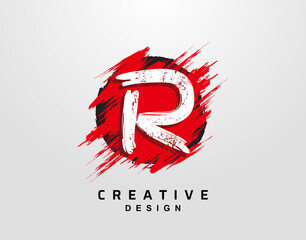 R Letter Logo In Circle Grunge and Hand Drawn Splatter Line Element. Red Grunge Ink Splash Explosion Icon design.