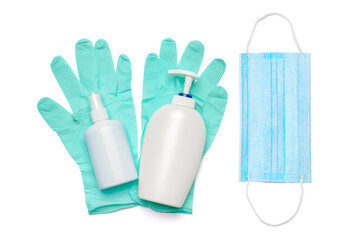 flat layout of hygiene items - latex gloves, mask and hand sanitizer or liquid soap isolated on white background with clipping parh