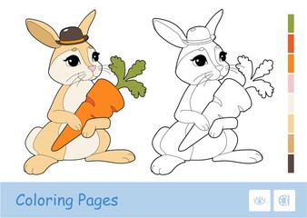 Naklejka na ściany i meble Colorful template and colorless contour image of cute rabbit holding a carrot isolated on white background. Wild animals preschool kids coloring book illustrations and developmental activity.