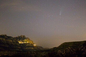 Comet C2020 F3 Neowise and Montserrat mountain, Barcelona, Catalonia, Spain.