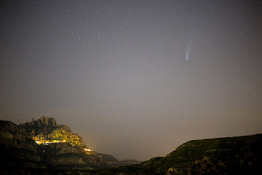 Comet C2020 F3 Neowise and Montserrat mountain, Barcelona, Catalonia, Spain.
