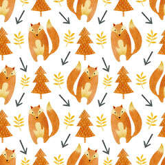 Obraz premium Winter watercolor seamless pattern of Christmas trees, fox, branches, arrows in the Scandinavian style.
