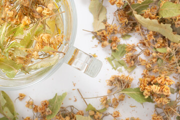 Herbal tea in a glass cup on a white background