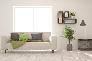 White modern room with sofa. Scandinavian interior design. 3D illustration