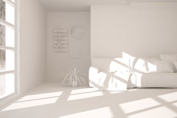 White room with sofa. Scandinavian interior design. 3D illustration