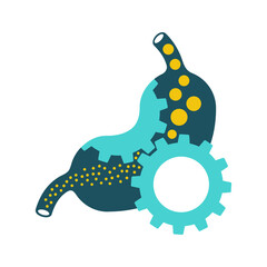Laxative icon - human stomach with gear box mechanicm inside - for gastro medical drugs packaging  - isolated vector emblem 