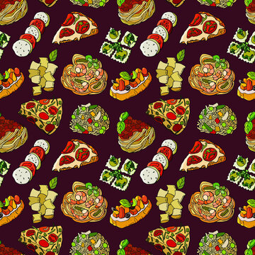 National Italian cuisine. Seamless pattern of Italy dishes. Cartoon style. Design for wallpaper, fabric, textile, packaging.