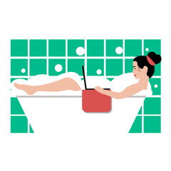 Self employed woman concept. Young women in bath in comfortable position  with laptop. Remote work at home.  Cute illustration in flat style.