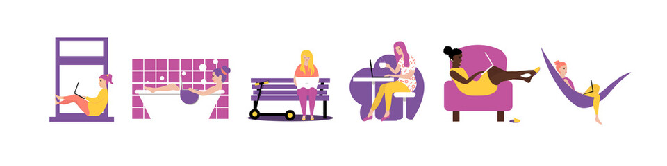 Self employed woman concept. Set of female character with laptop freelance working or studing at home, on beach, in park. Coworking work space for relax and calm. Cute illustration in flat style.