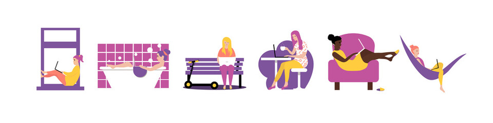 Self employed woman concept. Set of  female character with laptop freelance working or studing at home, on beach, in park.   Coworking  work space for relax and calm.  Cute illustration in flat style.