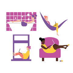 Self employed woman concept. Set of  female character with laptop freelance working or studing at home, on beach, in park.   Coworking  work space for relax and calm.  Cute illustration in flat style.