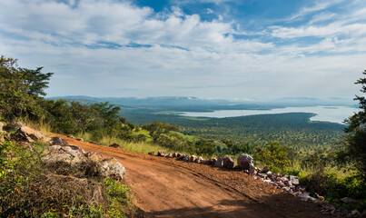 Landscape with road in the Akagera National Park, Rwanda, Africa - obrazy, fototapety, plakaty