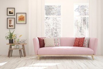 White room with sofa and winter landscape in window. Scandinavian interior design. 3D illustration