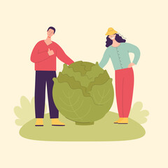 Adult man and woman,farmers with large cabbage.Harvesting concept, vegetarianism,healthy food,farm products,vitamins. Fair with village products.Flat cartoon illustration isolated on light background
