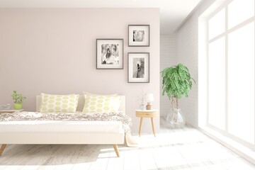 Idea of white minimalist bedroom. Scandinavian interior design. 3D illustration