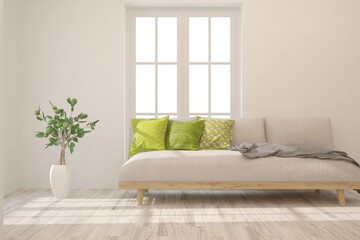 Idea of white minimalist room with sofa. Scandinavian interior design. 3D illustration