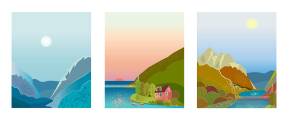A set of posters with a landscape background. Nature, mountain landscape, lake or sea, house on the shore. Vector illustration for a poster, banner, postcard, brochure or cover.