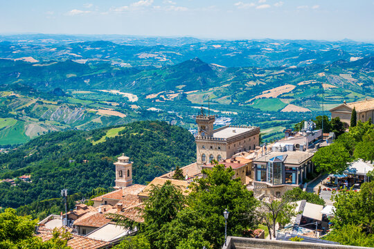 San Marino, UNESCO World Heritage, located on the highest of Monte Titano's summits, symbol of freedom and independence. The Palazzo Pubblico, seat of the government of San Marino.