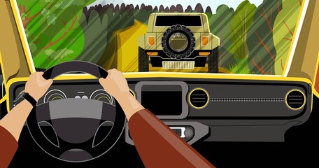 View from the car interior on a forest road and a driving SUV in front.vector
