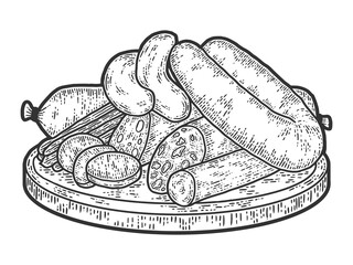 On desk meat products still life. Old engraving imitation. Sketch scratch board imitation.