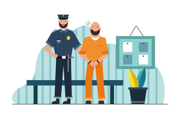 Security, work, danger, jail concept.Young serious guy policeman prison officer jailer character standing holding male prisoner in handcuffs in corridor. Dangerous occupation imprisonment of criminal.