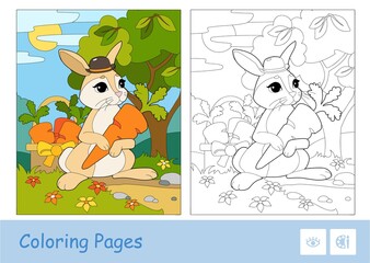 Colorful template and colorless contour image of cute bunny in a hat picking carrots in a basket in a wood. Wild animals preschool kids coloring book vector illustrations and developmental activity.
