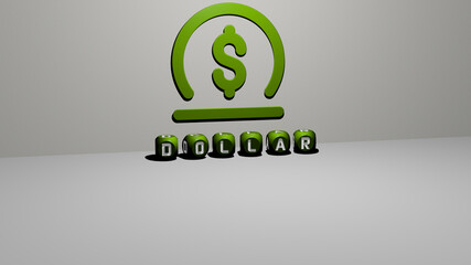 3D graphical image of dollar vertically along with text built by metallic cubic letters from the top perspective, excellent for the concept presentation and slideshows. illustration and business