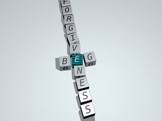 crosswords of angry sorry: BEG FORGIVENESS arranged by cubic letters on a mirror floor, concept meaning and presentation. background and beggar