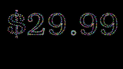 Colorful 3D writing of $29. text with small objects over a dark background and matching shadow