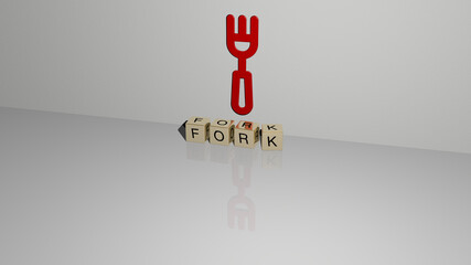 3D graphical image of FORK vertically along with text built by metallic cubic letters from the top perspective, excellent for the concept presentation and slideshows. background and food
