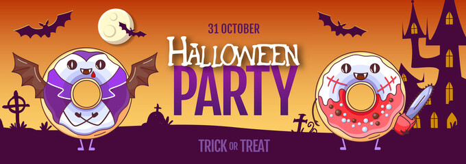 Halloween party poster with sweet kawaii funny donuts. Halloween background. Vector illustration