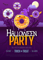 Halloween disco party poster with kawaii sweet donuts.