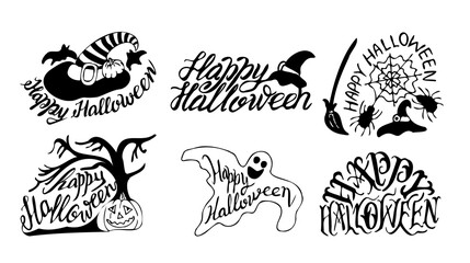 Set of handlettered Halloween phrases. Happy Helloween.calligraphy. vector lettering. Hand drawn decorative design elements isolated on a white background.For poster, greeting card, party invitation.