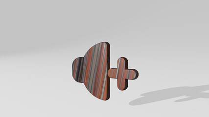 VOLUME CONTROL UP casting shadow from a perspective. A thick sculpture made of metallic materials of 3D rendering. illustration and background
