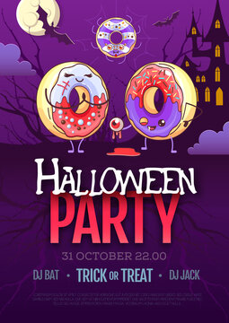 Halloween disco party poster with kawaii sweet donuts.