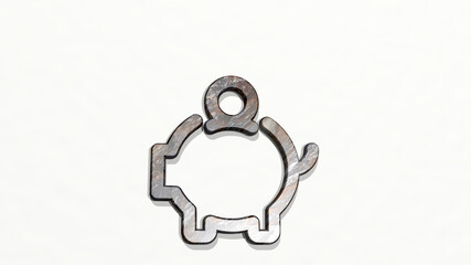 SAVING PIGGY COINS ALTERNATE on the wall. 3D illustration of metallic sculpture over a white background with mild texture. concept and money