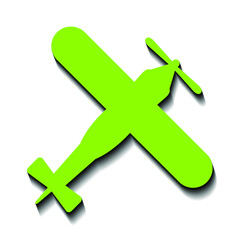 Green old airplane and black shadow on a white background, sign for design, vector illustration