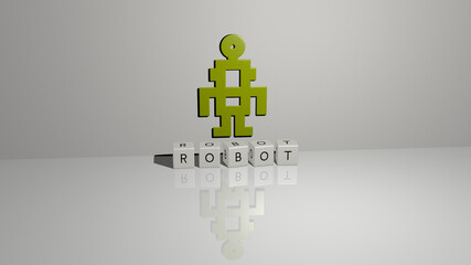 3D representation of robot with icon on the wall and text arranged by metallic cubic letters on a mirror floor for concept meaning and slideshow presentation. illustration and artificial