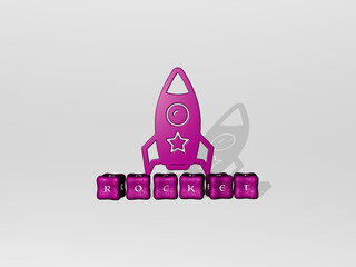 3D representation of rocket with icon on the wall and text arranged by metallic cubic letters on a mirror floor for concept meaning and slideshow presentation. illustration and space