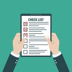 Vector clipboard with green tick and red crosses. Flat design clip board and check marks