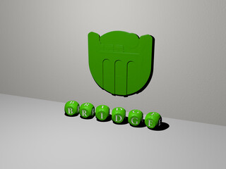 3D graphical image of bridge vertically along with text built by metallic cubic letters from the top perspective, excellent for the concept presentation and slideshows. city and architecture