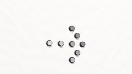 arrow thick dot right from a perspective on the wall. A thick sculpture made of metallic materials of 3D rendering. illustration and background