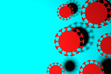 Blue background with viruses covid-19. Light falls on viruses and they cast a shadow. 3d illustration.